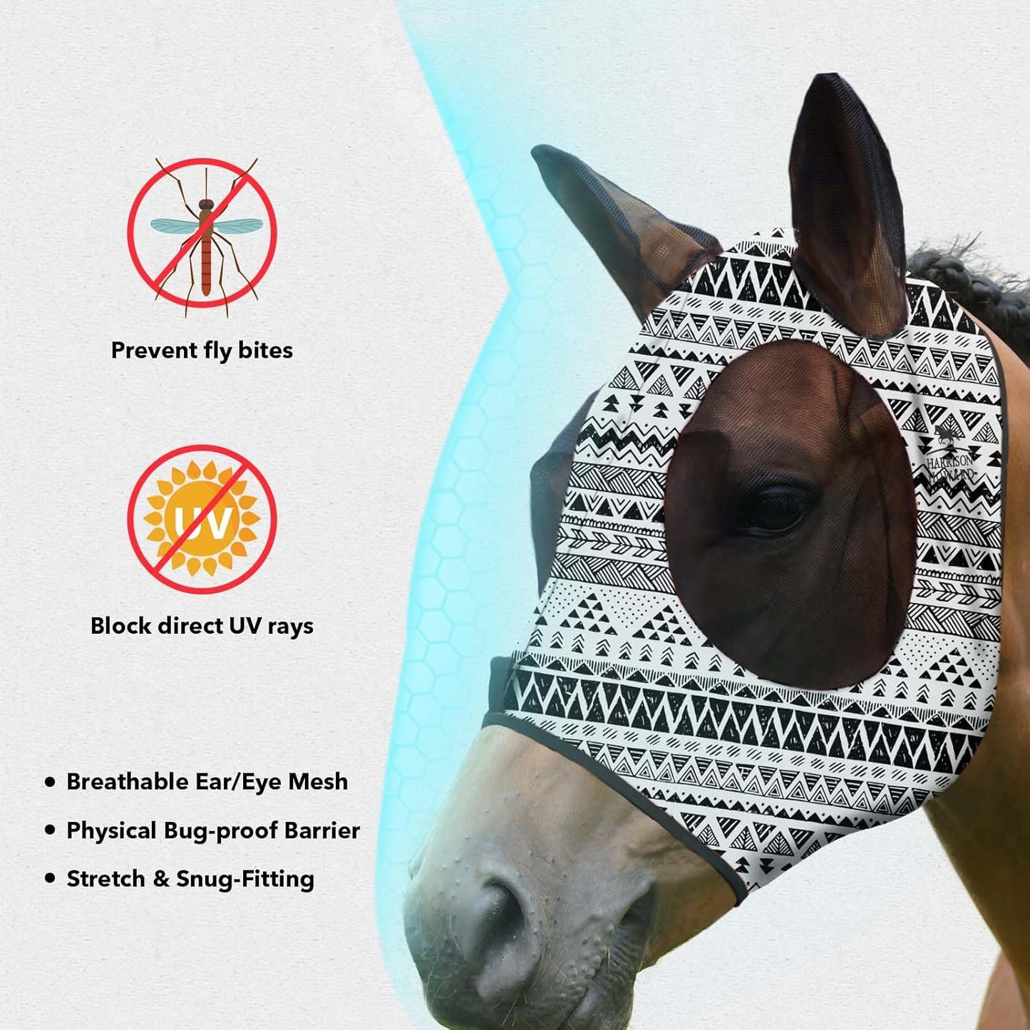 Harrison Howard Super Comfort Stretchy Fly Mask Large Eye Space with UV Protection Soft on Skin with Breathability Doodle Aztec M Cob