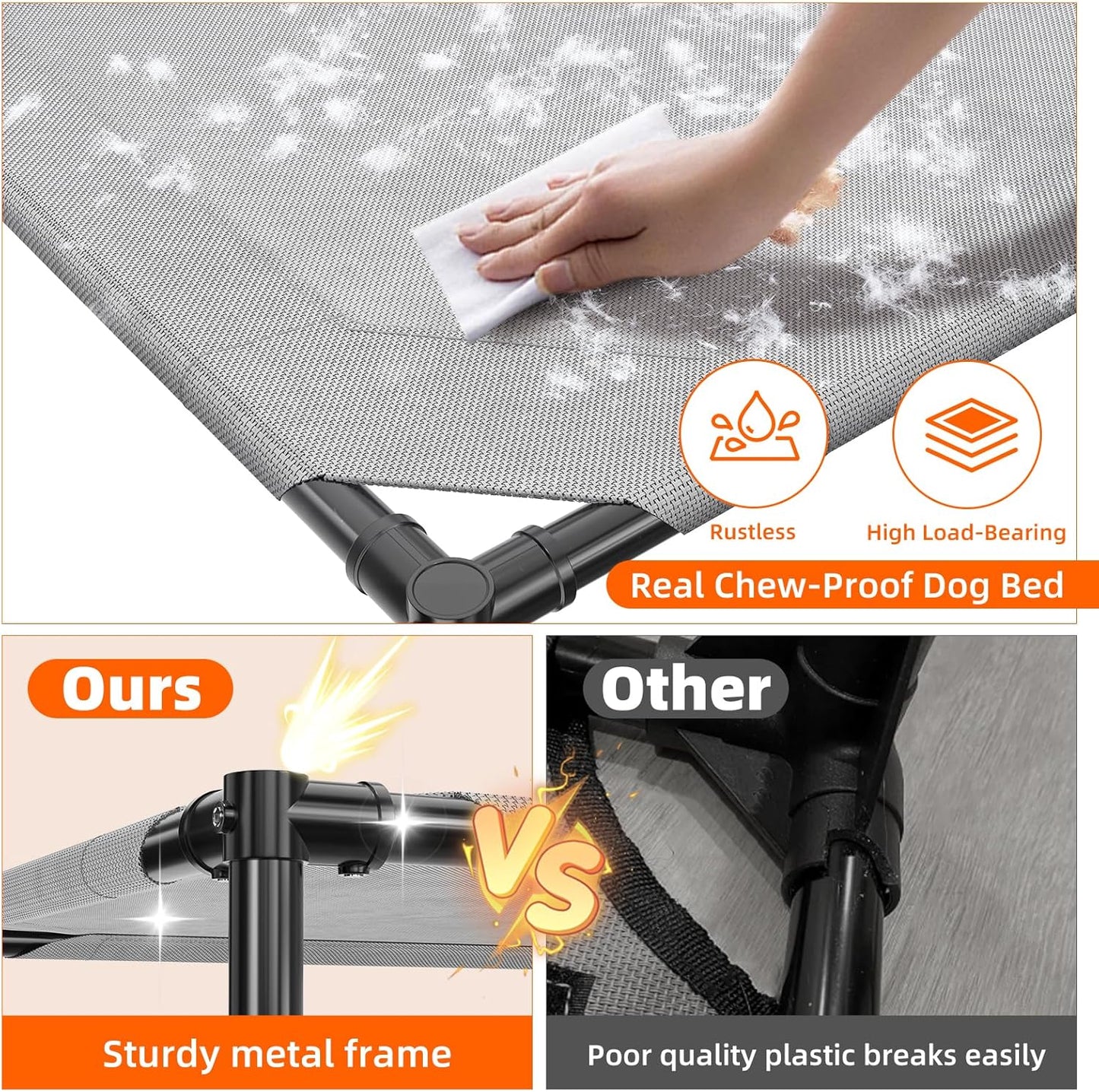 Simple Trending Raised Bed for Large Dog, Waterproof L Pet Cot, Breathable Big Bed Load 300lb, Metal Connector, Grey