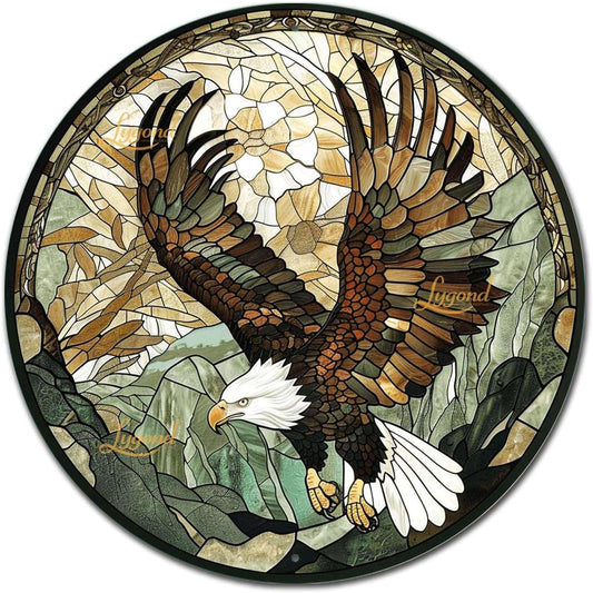 Lygond Metal Sign Tin Sign Circular Stained Glass American Bald Eagle Inspirational Wall Art for Club 8×8 Inches