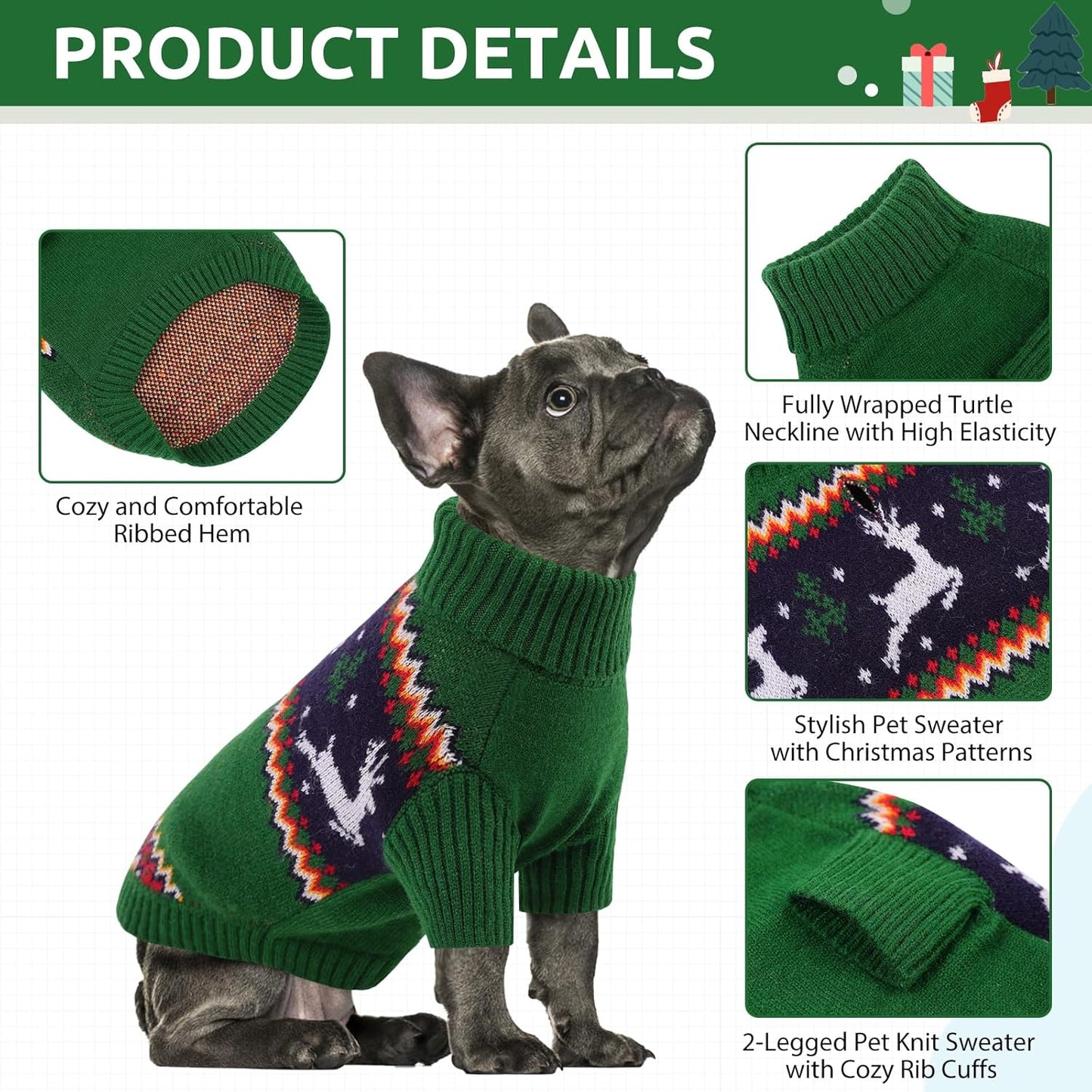 Queenmore Dog Christmas Sweater,Turtleneck Knitted Pullover Xmas Pet Clothes Sweatshirt,Christmas Outfit, Warm Dog Sweaters for Small Dogs Boy Girl,XmasDeer,XL