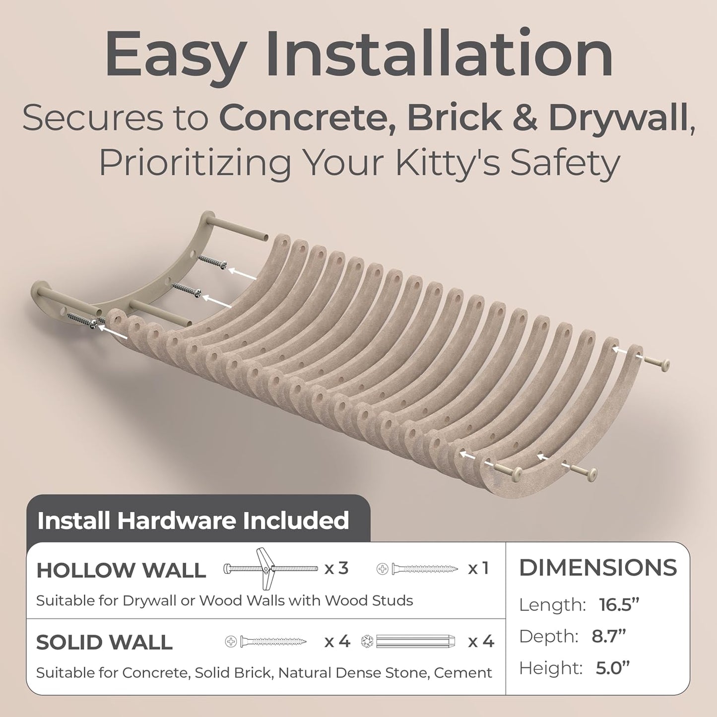 Wall Mounted Cat Hammock Bed by Pryde Pets - Floating Perch Curved Shelf, 100% Sustainable PET Felt Feline Enrichment Climber Furniture for Indoor Cats, Modern Climbing Gym Jungle Design (Oatmeal)