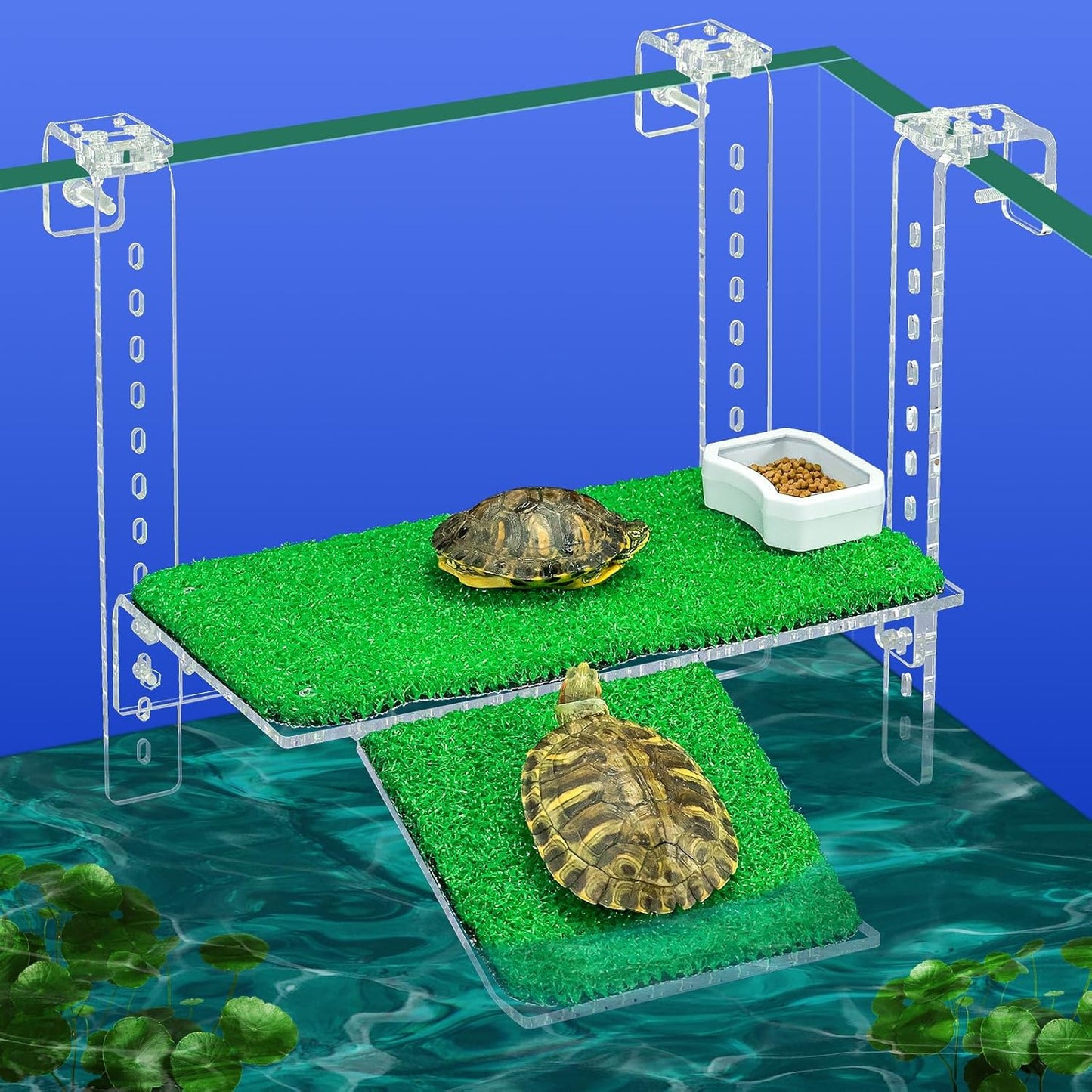 Adjustable Hanging Turtle Dock with Anti-Slip Artificial Grass Basking Platform Sturdy Acrylic Ramp for Aquatic Turtles, Compatible with Various Tank Sizes, Easy Setup (Transparent, 11x5.8 Inch)