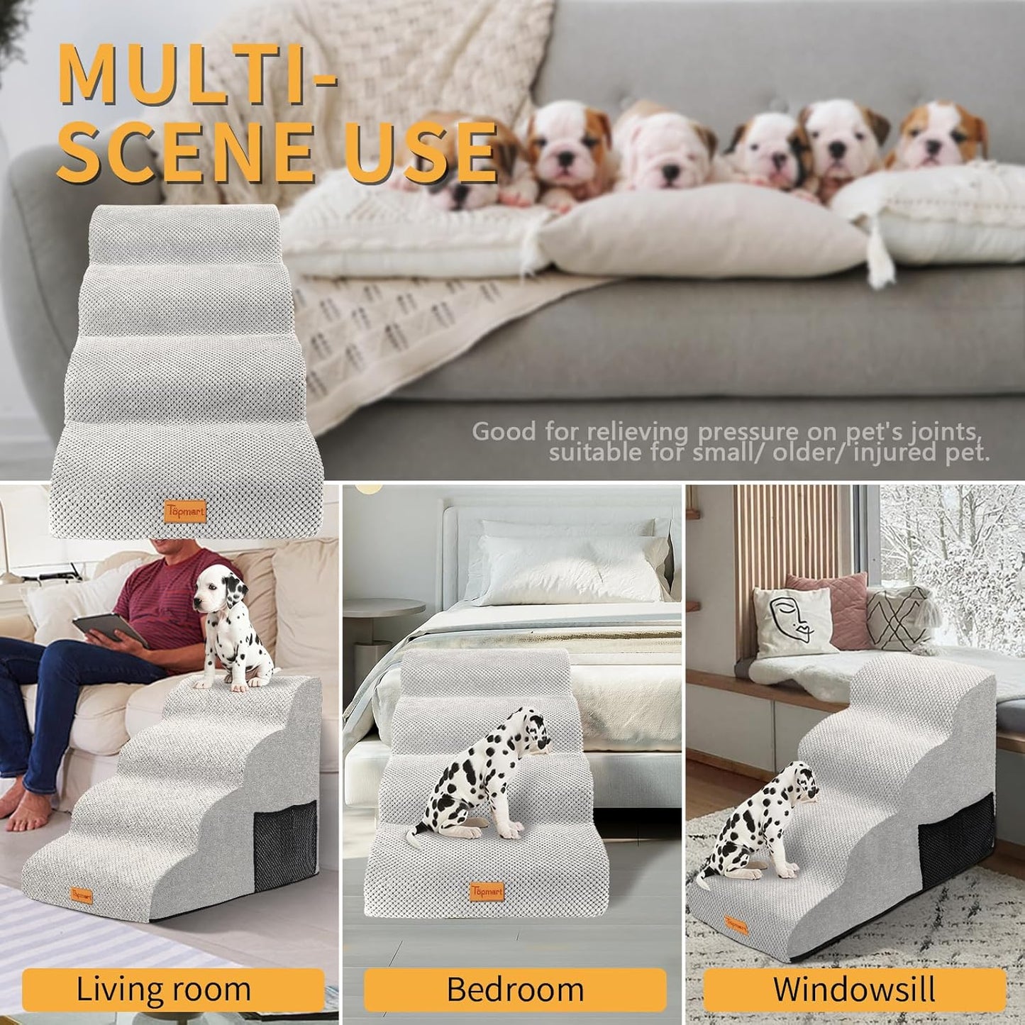 Topmart High Density Foam Dog Steps 4 Tiers,Extra Wide Deep Pet Steps,Non-Slip Dog Stairs Ramp for Bed,Soft Foam Cat Ladder,Best for Older Injured,Older Pets,Cats with Joint Pain