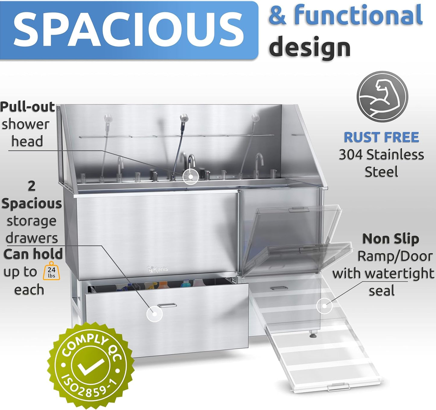 KANIS Professional Dog Washing Station - 304 Stainless Steel Pet Wash Sink & Grooming Bath Tub for Home with Ramp, Shower, Floor Grate, Storage Drawers, and Faucet for Large, Medium & Small Pets