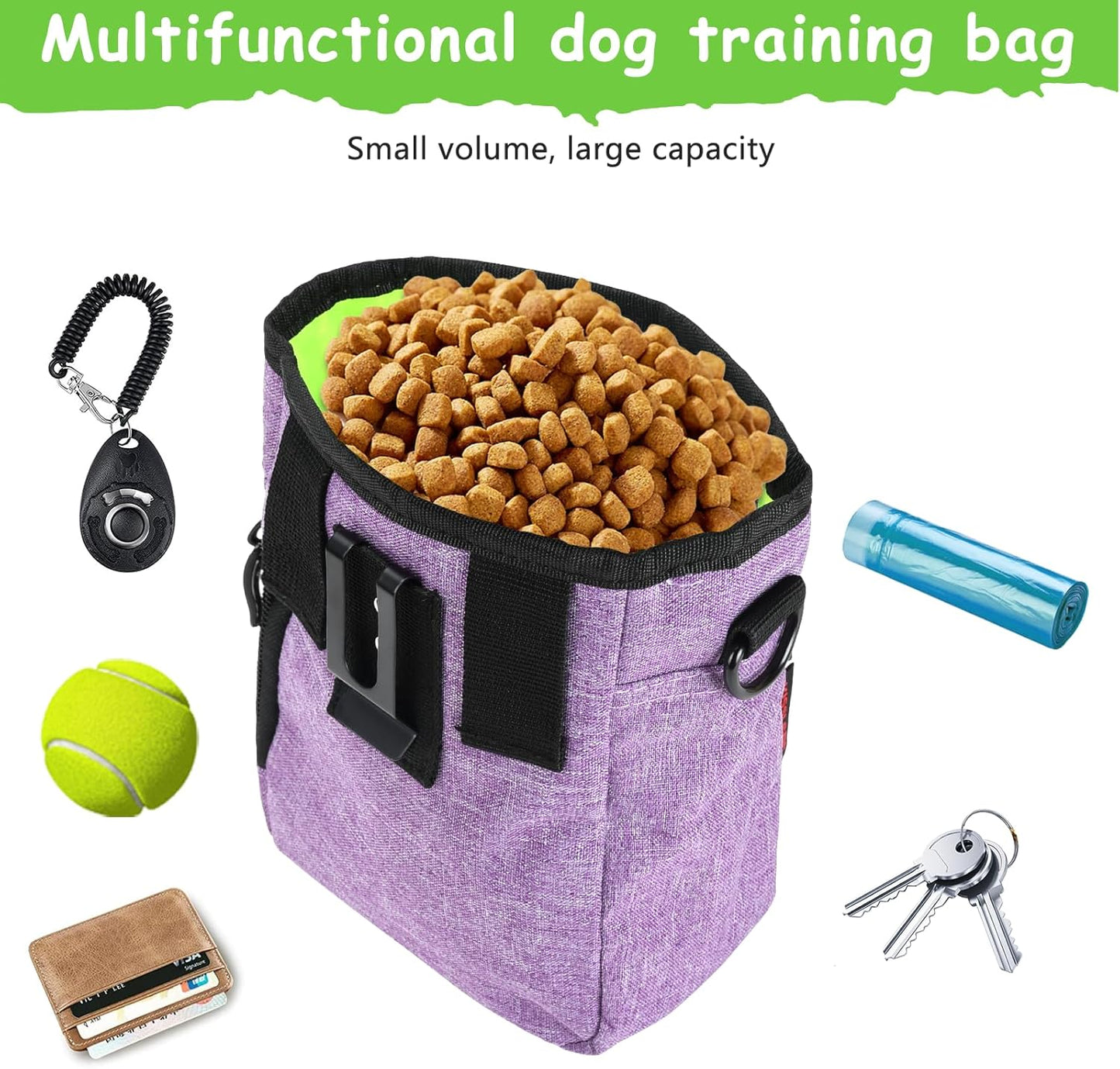Dog Treat Pouches for Pet Training with Magnetic Closure Treat Pouches for Pet Training,Large Dog Treat Training Pouch and Dog Clicker,Training Treat Pouch Built-In Poop Bag Dispenser-Purple.