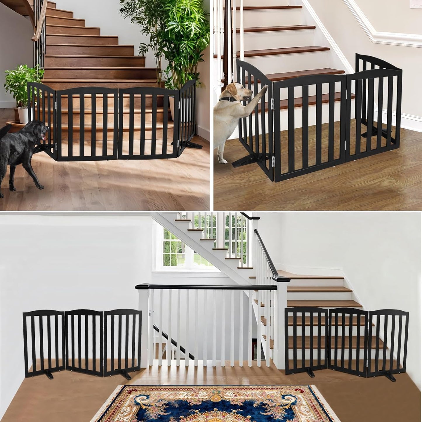 ZJSF Foldable Freestanding Indoor Dog Gate for House Wood Long Pet Gates Dog Fence for Stairs Puppy Gates for Hallways, Puppy Gate,Support Feet Included, Black, 24 "Height-4 Panels