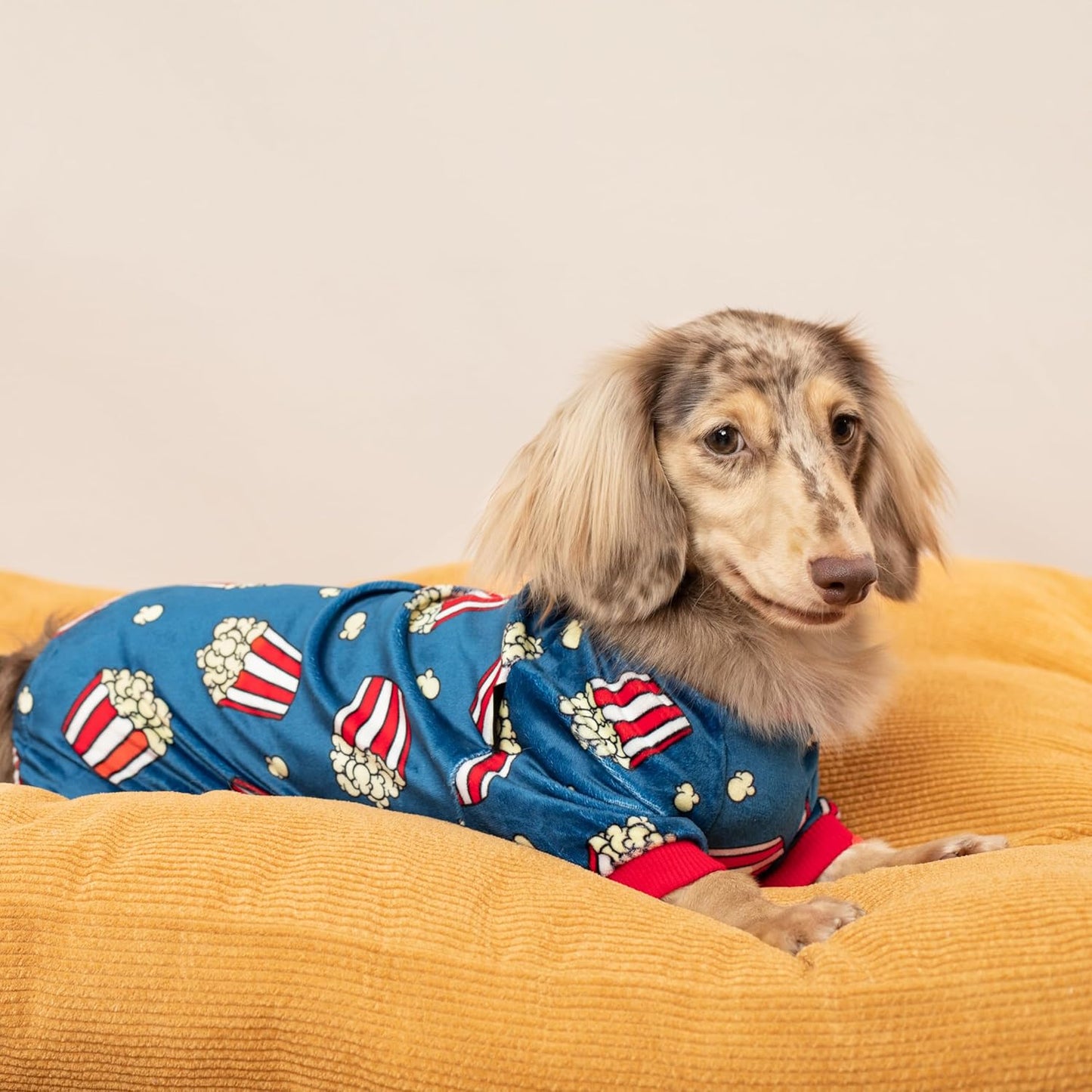 Fitwarm Popcorn Dog Pajamas, Funny Dog Clothes for Small Dogs Boy Girl, Fleece Pet Onesie with Feet, Blue, Red, White, Yellow, XL