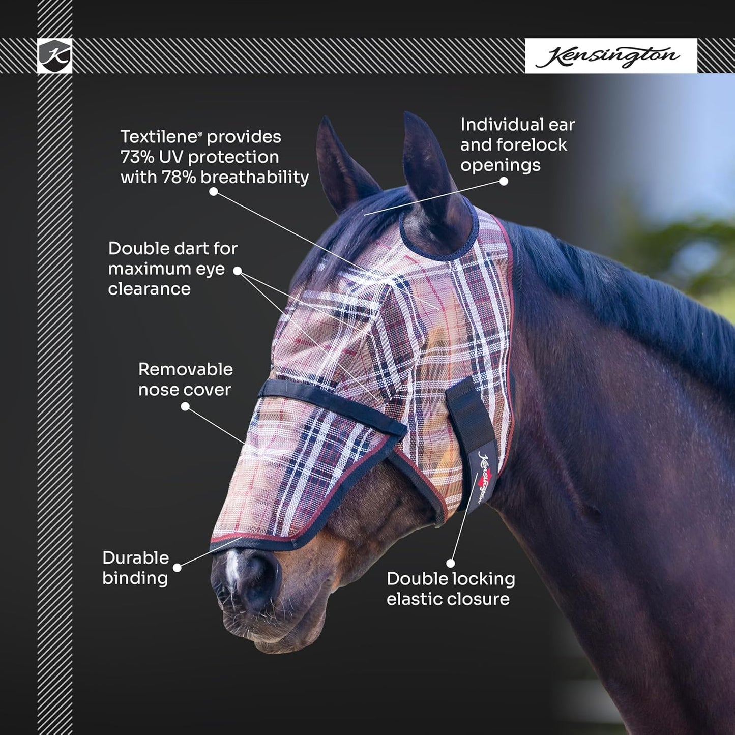 Kensington Signature Fly Mask with Removable Nose — Protects Horses Face and Nose from Biting Insects and UV Rays While Allowing Full Visibility — Ears and Forelock Able to Come Through The Mask