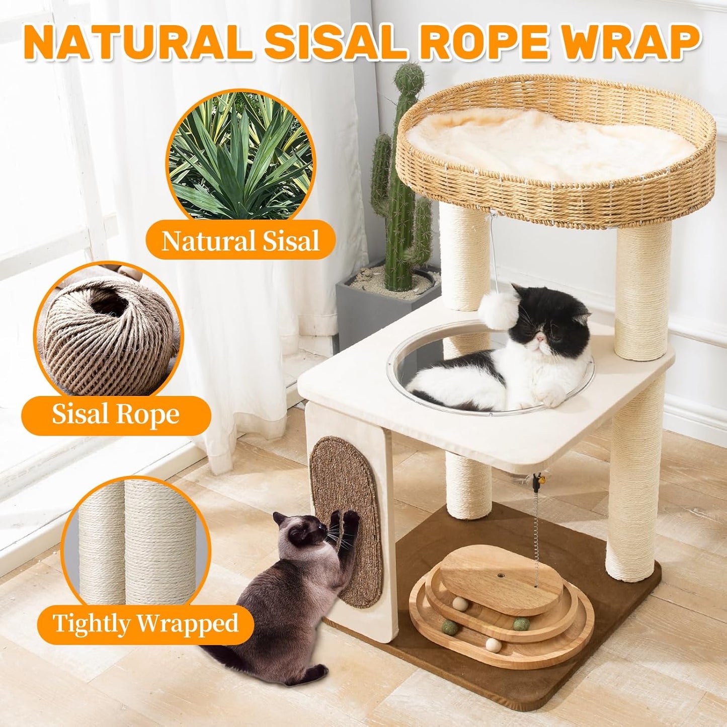 Modern Cat Tree for Indoor Cats with Sisal Rope Scratching Posts, Hand-Woven Cat Condo & Top Perch, Space Capsule Cats Nest, Cute Cat Tree with Interactive Cat Toy