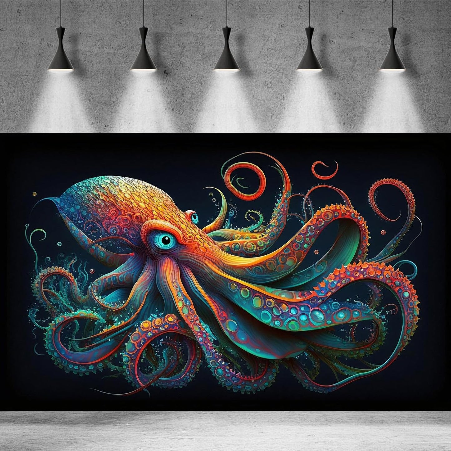 Octopus Aquarium Background Abstract Colorful Octopus Terrarium Background Glowing Octopus on Black Background Fish Tank Backdrop Poster Wallpaper Decorations Vinyl 72x18in