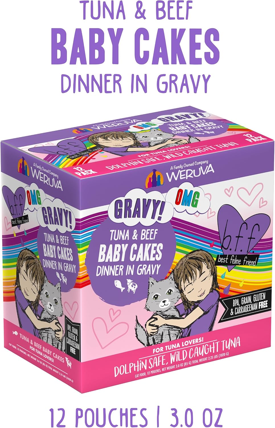 Weruva B.F.OMG - Best Feline Friend Oh My Gravy!, Tuna & Beef Baby Cakes with Tuna & Beef in Gravy Cat Food, 3oz Pouch (Pack of 12), Purple (0152)