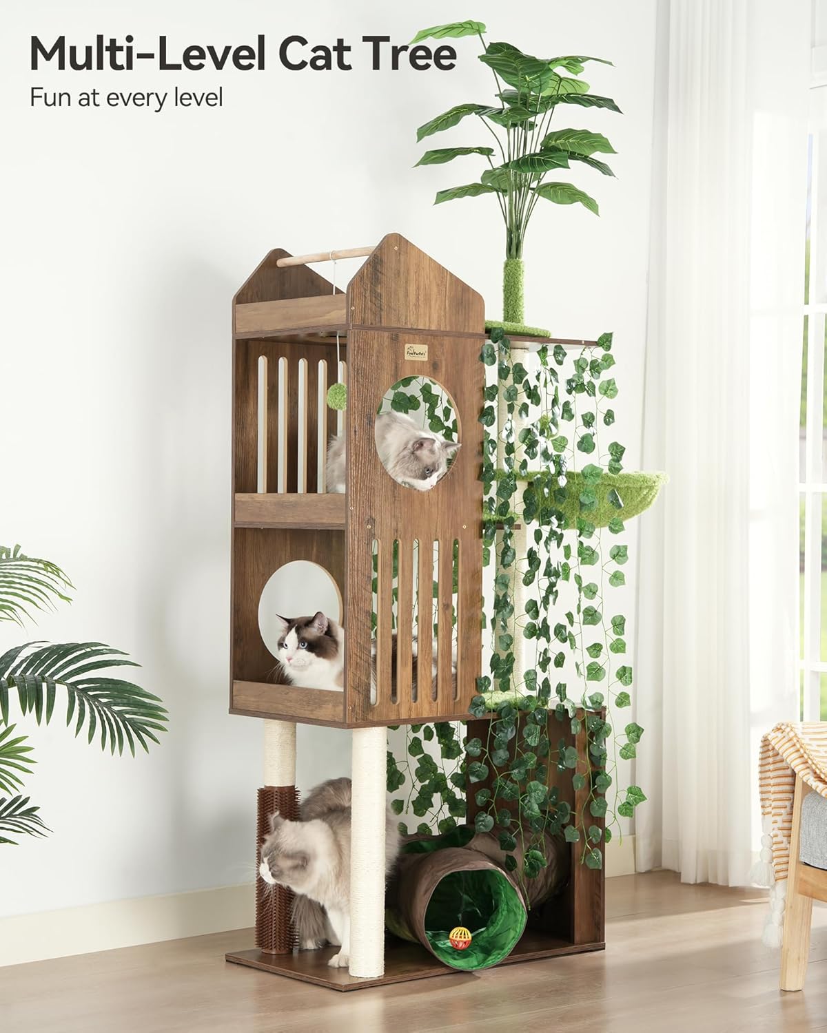 FourFurPets Large Cat Tree with Leaves, 72.8-Inch Cat Tower for Indoor Cats, Modern Cat Tree with Scratching Post, Large Perch, Tunnels, Swing Ball, Self Groomer, Greige