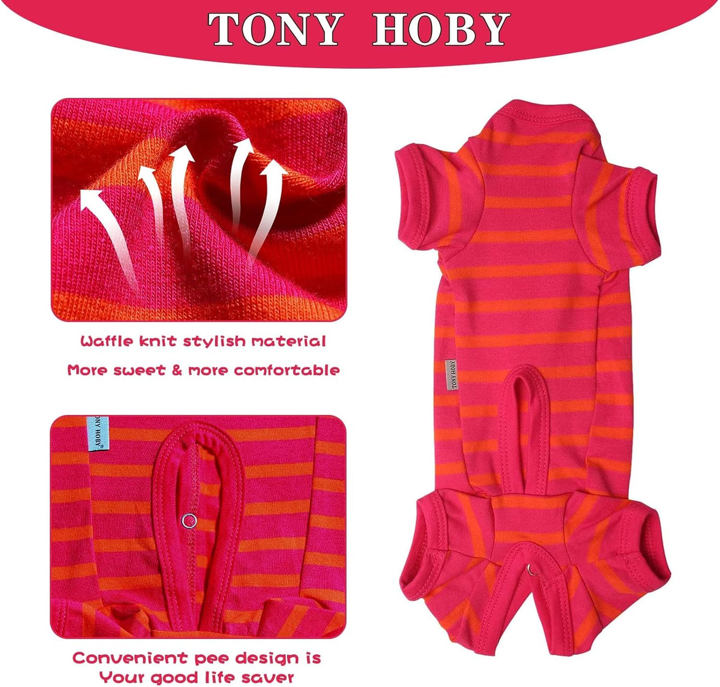 TONY HOBY Female/Male Dog Pajamas, Dog Jumpsuit 4 Legged Pajamas with Stripes, Soft Cotton for Comfortable Sleep (Rose Red&Orange, Boy, S)
