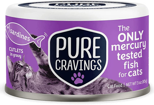 Wet Cat Food Canned Sardines Cutlets in Gravy, Every Catch is Mercury-Tested, Moist Can Fish for Cats, Grain-Free, Protein, Non-GMO, Pack of 12