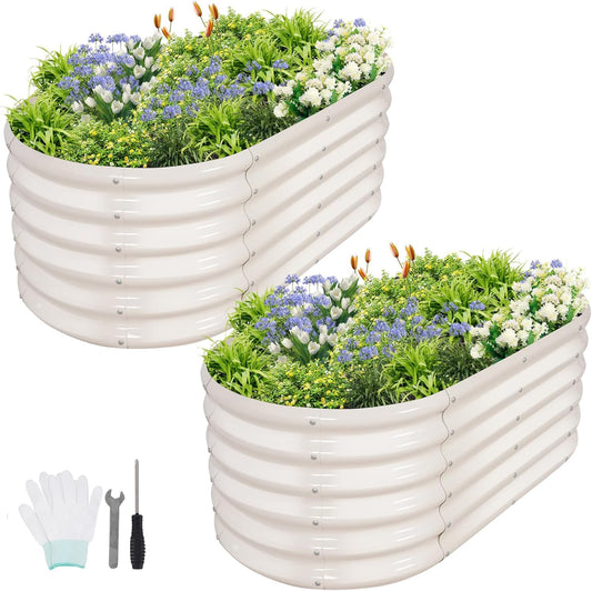 Galvanized Raised Garden Bed Outdoor- 2 Pcs Raised Beds for Gardening| Metal Planter Box, Steel Raised Garden Bed Kit with Gloves for Vegetables, Flower, Herbs (4x2x1.4FT, White)