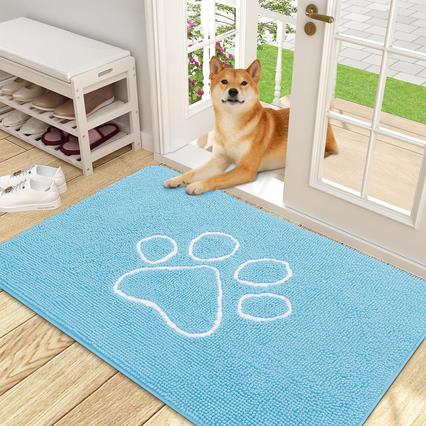 OLANLY Door Mat for Muddy Dog Paws 48x30, Ultra Absorbent Chenille Mud Doormat with Paw Print Design, Non-Slip Washable Doormat for Indoor Entryway, Quick-Dry Pet Bed Mats for Dirty Dogs, Blue