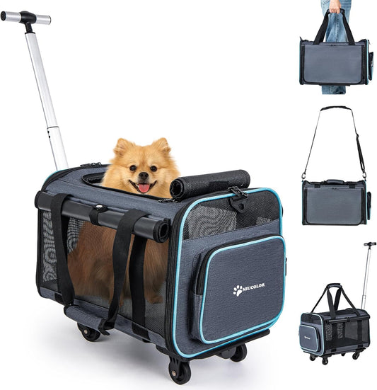 MIU Color Rolling Pet Carrier with Wheels Under 15 lbs, Airline Approved Foldable Soft Carrier for Small Dogs and Cats, Dog Carrier with Wheels for Car Road Trips Travel Camping Outdoor