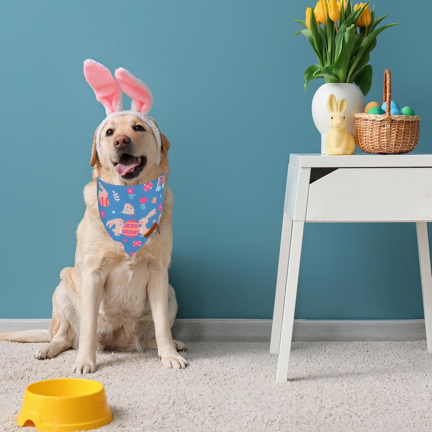 ADOGGYGO Easter Dog Bandanas, Rabbit Carrot Pet Scarf, Multi Size Offered, Orange Blue Easter Bandana for Medium Large Dogs Pets (Large)