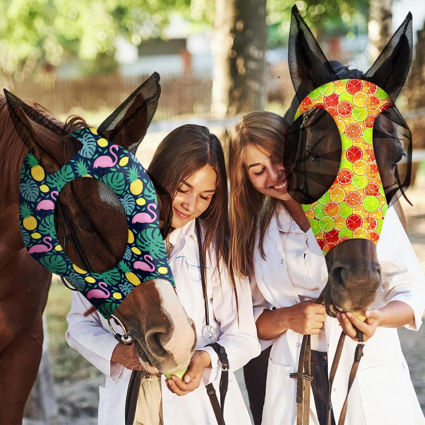 Frienda 4 Pieces Horse Fly Masks with Ears Face Covering UV Protection from Insect Pests Elasticity Smooth Comfortable Mesh Horse Mask Accessories(Fruit,Medium)