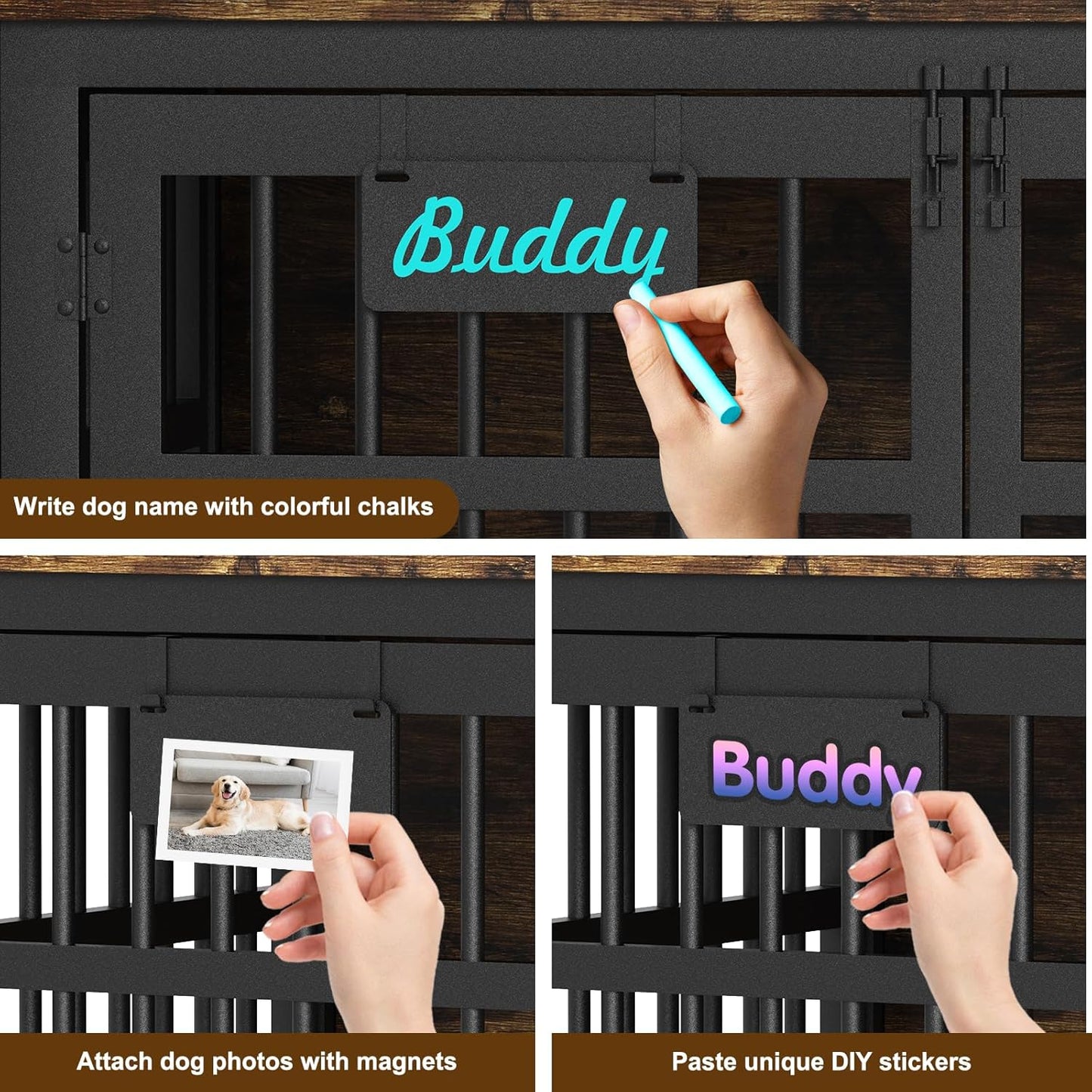 EasyCom 41"/33"/27" Dog Crate Furniture with Name Tag, Heavy Duty Dog Kennel Indoor for Medium Dogs, Double-Doors Sturdy Metal Dog Cage for Anxiety Dog, Decorate House as TV Stand, End Table