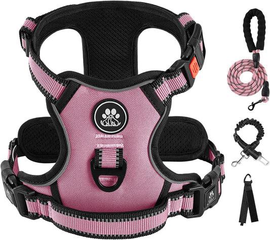IVY&LANE No Pull Dog Harness for Small Dogs, Dog Vest Harness with Leash, Safety Belt and Storage Strap, Fully Adjustable, 360 Reflective Strip, Soft Handle (Pink, S)