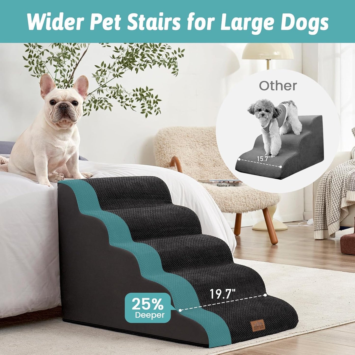 Extra Wide Dog Stairs 19.7" Width, Large Pet Step for Small Medium Dog, Puppy or Cat, Ramp for High Bed or Car, High Density Foam Ladder, Stable, 5 Step, 19.7x33x22.4 inch, Black