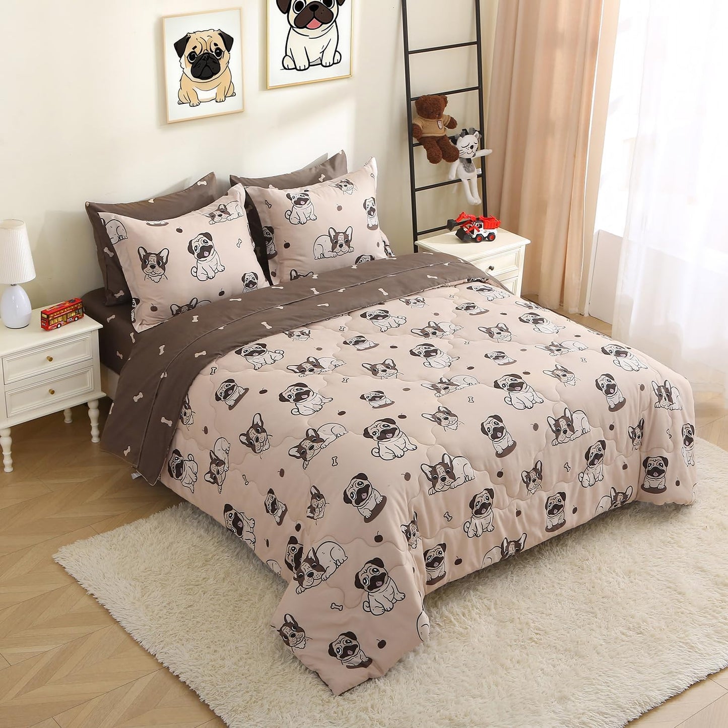 Kids Comforter Set 7 Piece Bedding Cute Dog Cartoon Animal Bed Microfiber Comforter Full Size All Season (1 Comforter, 1 Flat Sheet, 1 Fitted Sheet, 4 Pillowcase)