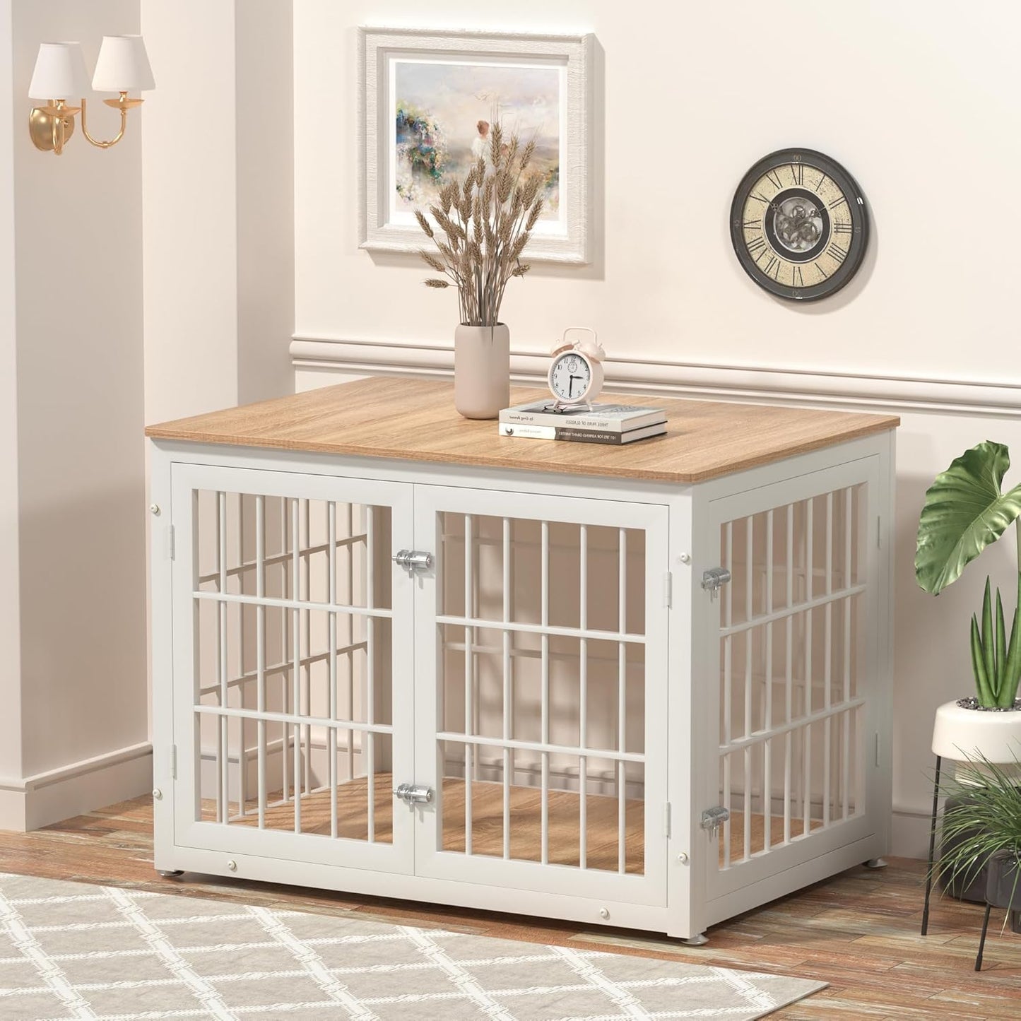 38 Inch Heavy Duty Dog Crate Furniture for Large and Medium Dogs, Decorative Pet House End Table, Wooden Cage Kennel Furniture Indoor, Natural and White