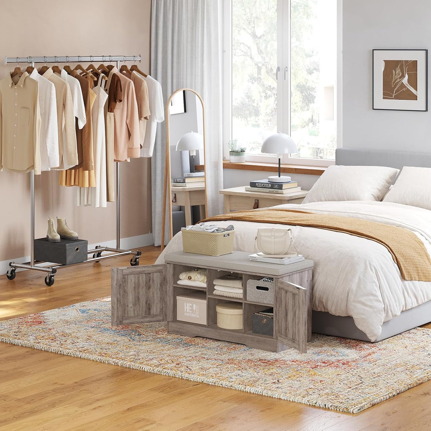 DINZI LVJ Shoe Bench, Entryway Storage Bench with Doors, Cushion, 2-Tier Shoe Rack with 6-Cubby, 31.5”L x 13.8”W Shoe Organizer Cabinet, Adjustable Shelf, Living Room, Bedroom, Greige