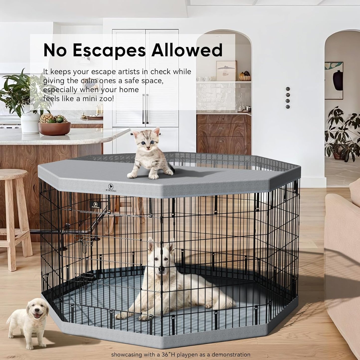 PJYuCien Dog Playpen, 8 Panels 30’’H Dog Pens Indoor with Bottom Pad, Metal Foldable Pet Puppy Exercise Fence Crate Kennel, Better for Small Animals,Grey