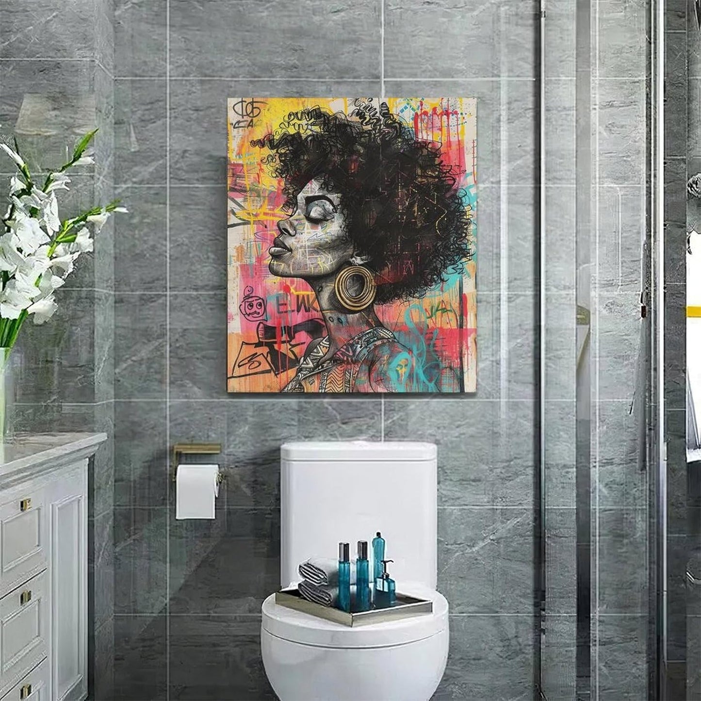 Quorin African American Wall Art Banksy Graffiti Black Woman Pictures Black Girl Wall Decor Canvas Print Painting Artwork for Bathroom Living Room Bedroom 20"x24"