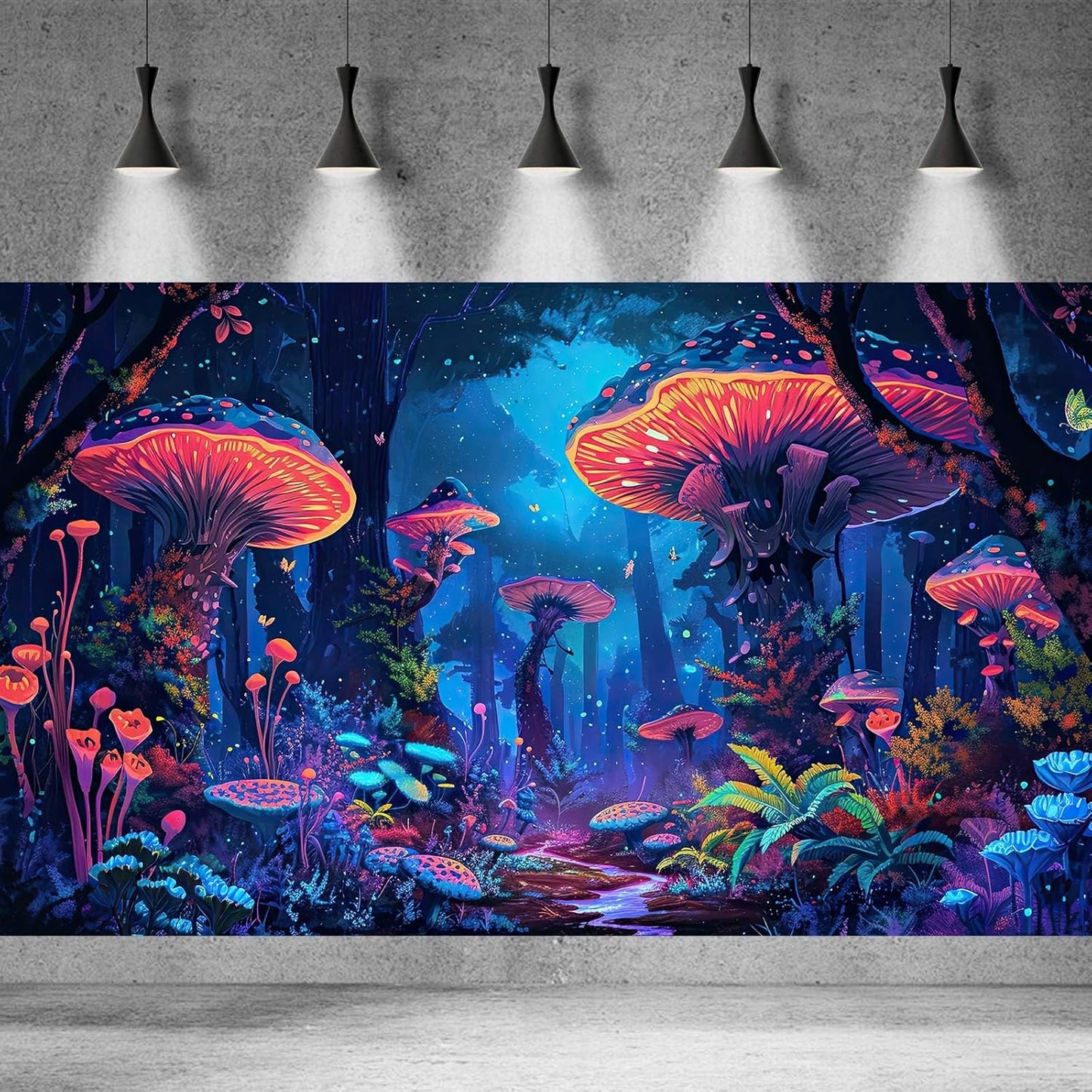 Mushrooms Aquarium Background Fantasy Bright Flowers Butterflies Fish Tank Backdrop Decoration Poster Trippy Wonderland Landscape with Giant Mystical Mushrooms Terrarium Background Decor 48x20in