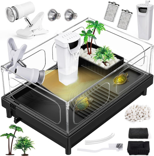 Small Turtle Tank Kit, Acrylic Turtle Tank Starter Kit with Basking Platform, Bottom Drainage, Multi-Function Areas for Turtles, Crabs, Crayfish, Small Reptiles. (Black+White)
