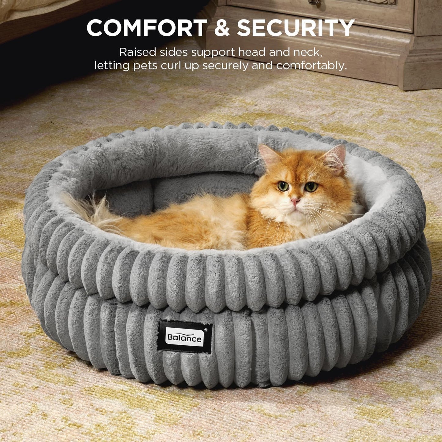 BALANCE Cat Bed Kitten Bed, Washable Round Cat Beds for Indoor Cats, Super Soft Plush Faux Fur Pet Bed for Puppy and Kitten with Anti-Slip Bottom