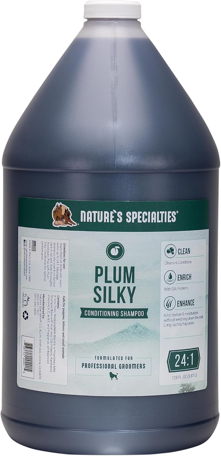 Nature's Specialties Plum Silky Ultra Concentrated Dog Shampoo Conditioner, Makes up to 24 Gallons, Natural Choice for Professional Pet Groomers, Silk Proteins, Made in USA, 1 gal