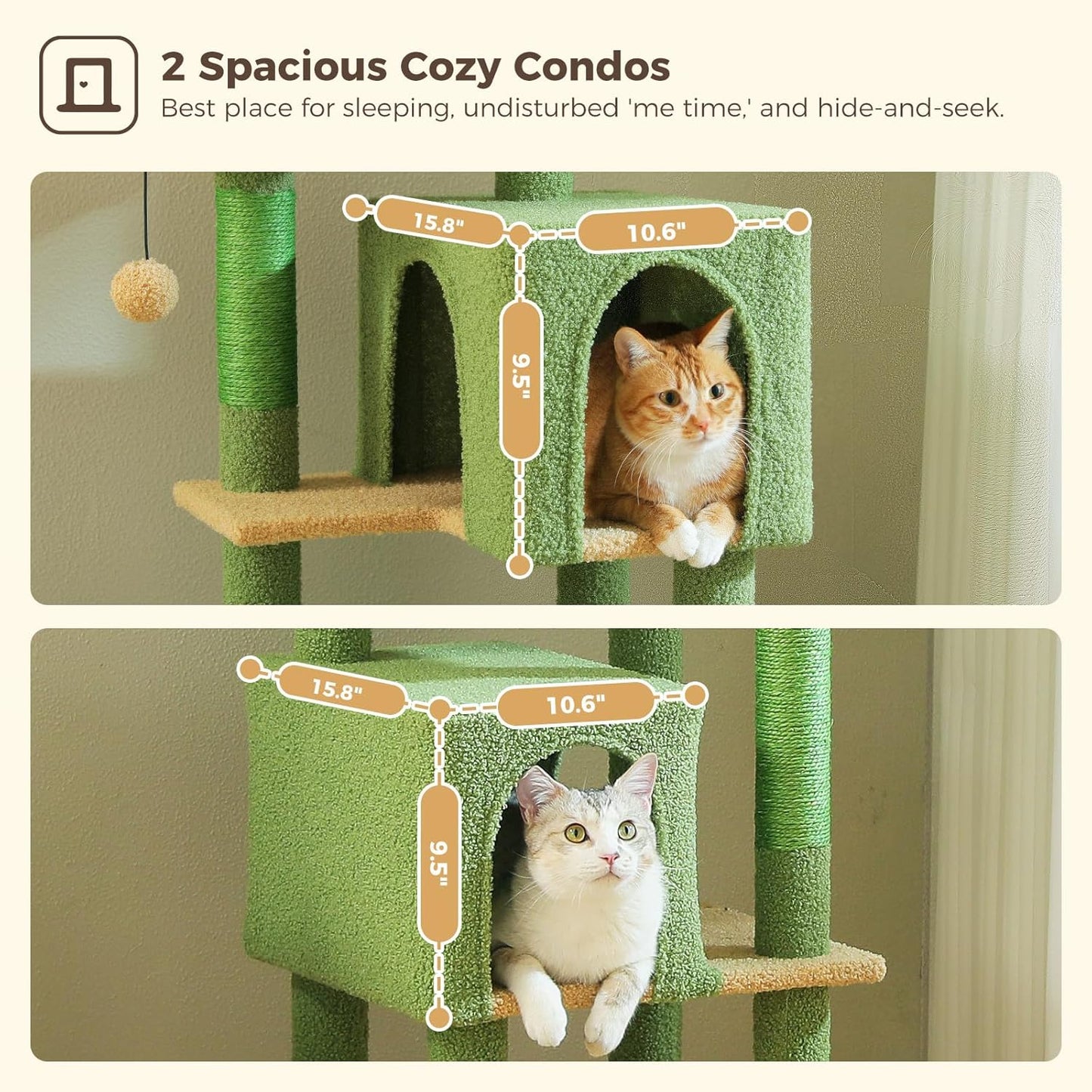 Cactus Cat Tree, 62-Inch Tall Multi-Level Cat Tower with Scratching Posts, Cat Condos for Large Indoor Cats, Plush Cat Bed w/Padded Perches, Scratching Pad & 2 Green Pompoms, Green