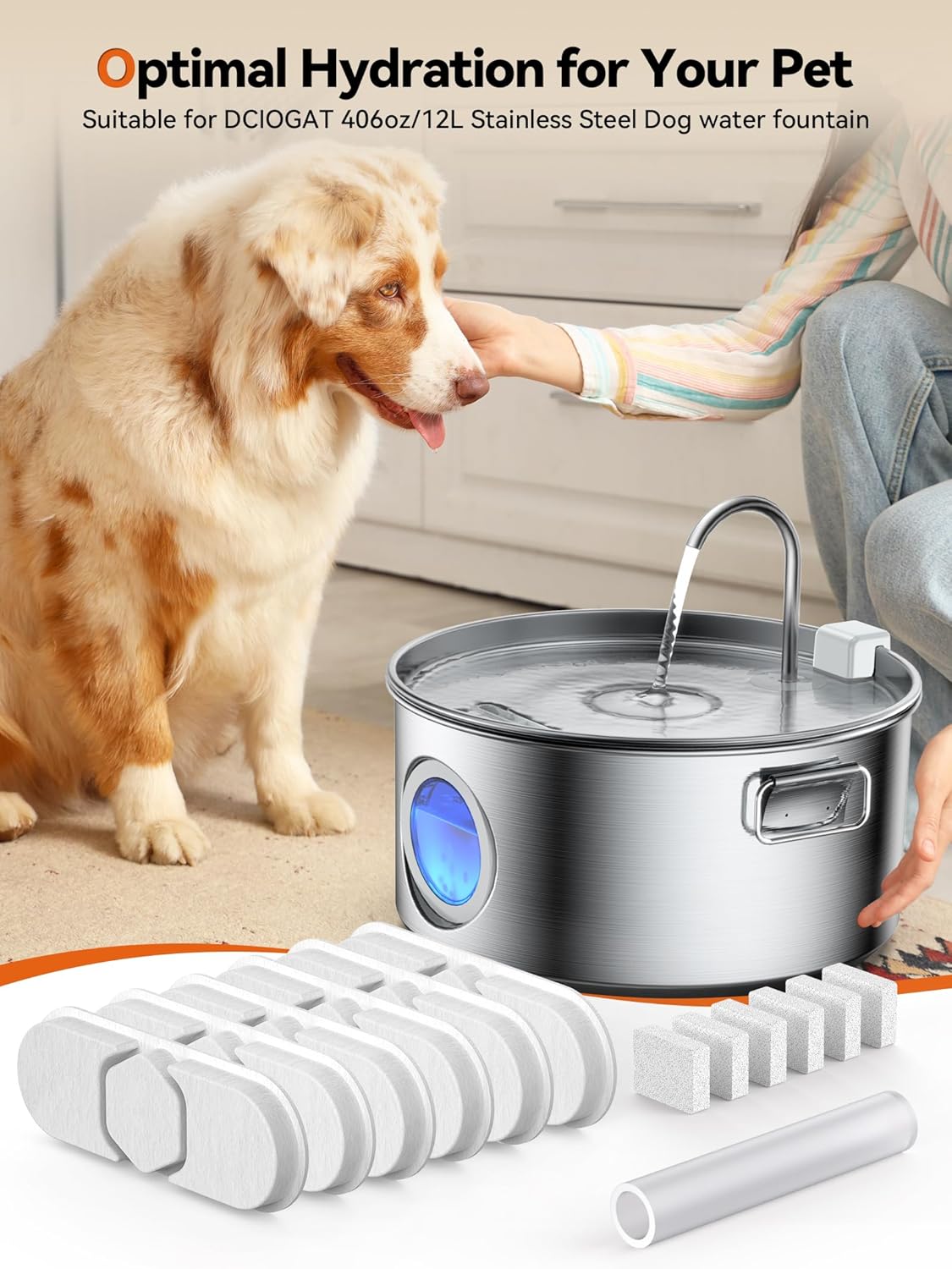 Dog Water Fountain for Large Dogs, 3.2Gal/406oz/12L Stainless Steel Pet Fountain, Quiet Dog Water Bowl Dispenser with Visible Window for Multi-pet Home(6 Set Filter)