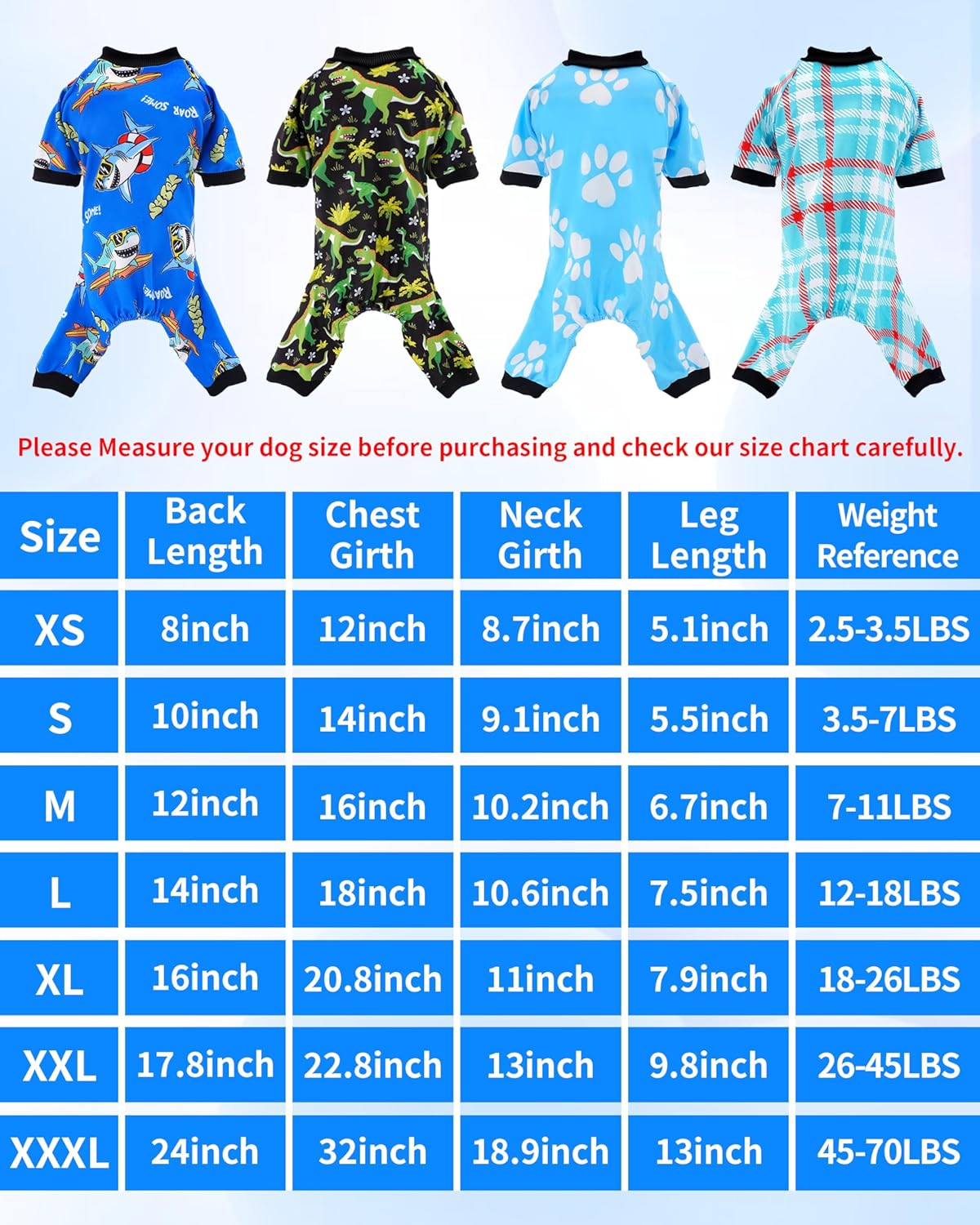 PET SHOW 4 Pack Small Dog Pajamas for Doggies Boy Dinosaur Shark Soft Stretchy PJs Plaid Jumpsuit Puppy Cats Paw Onesies Outfits with Sleeve Pets Breathable Summer Clothes Costume S