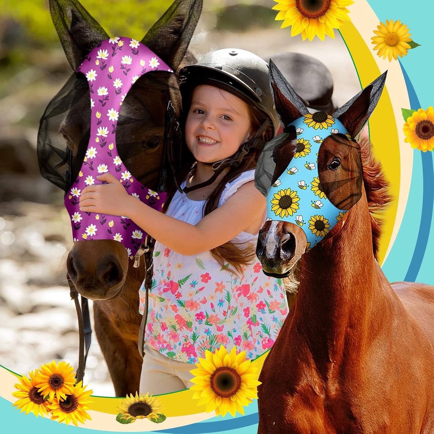 Frienda 4 Pieces Horse Fly Masks with Ears Face Covering UV Protection from Insect Pests Elasticity Smooth Comfortable Mesh Horse Mask Accessories(Flower,Large)