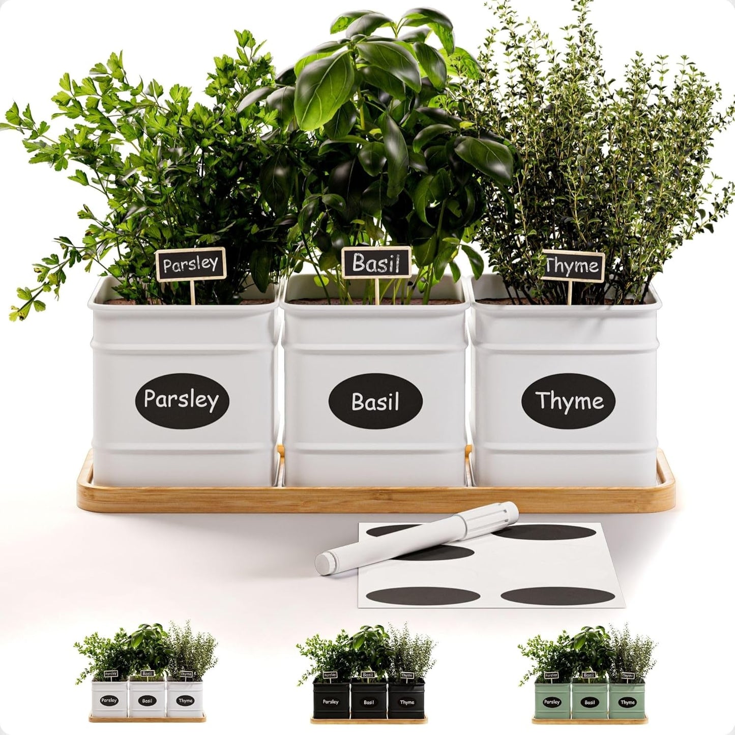 Herb Planter Indoor - 3 Iron Herb Pots with Drainage Holes, Varnished Bamboo Tray, Customizable Labels & Marker Pen - Indoor Herb Garden Planter - 3 Pots for Herbs - Inside Spice Garden - Basil Pot