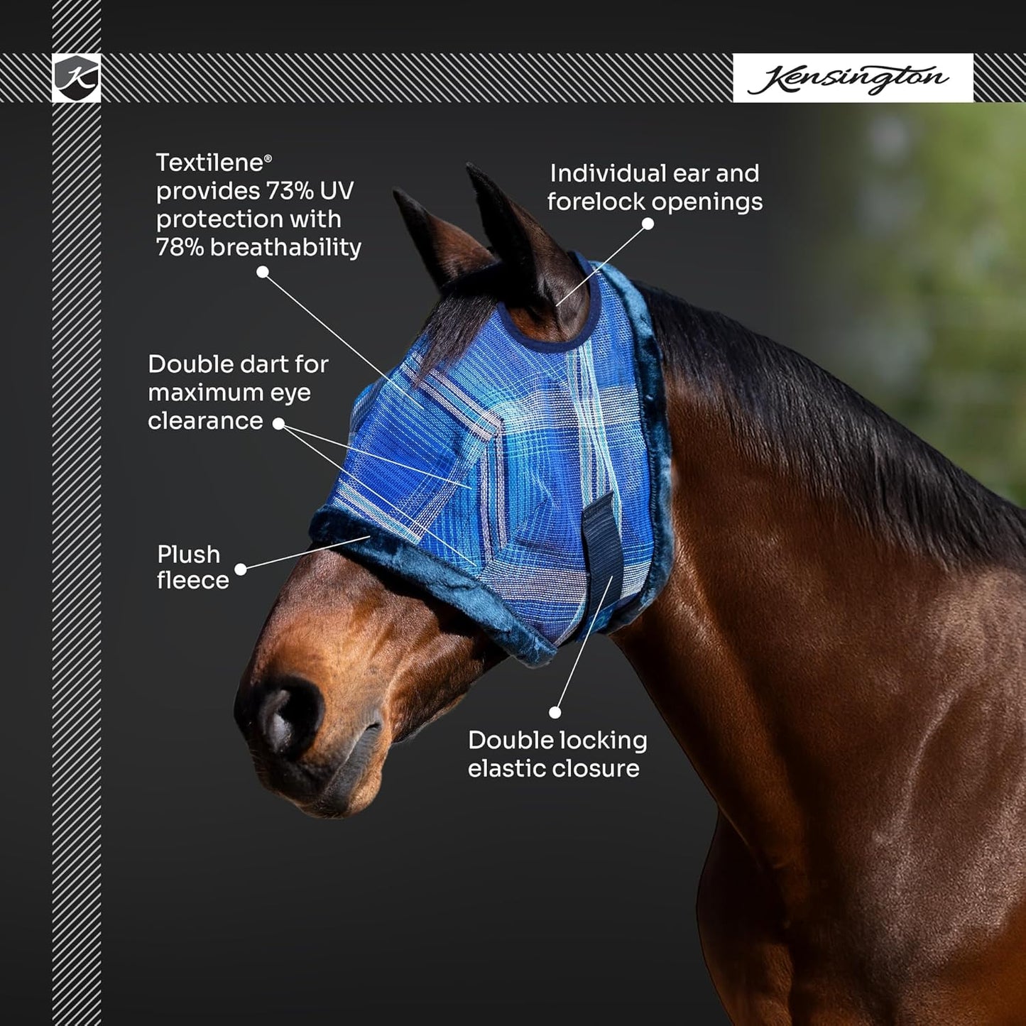 Kensington UV Fly Mask with Fleece Trim - Protective Mask with Dual Ear Opening & Forelock Freedom Size: Small Color: 181-Kentucky Blue