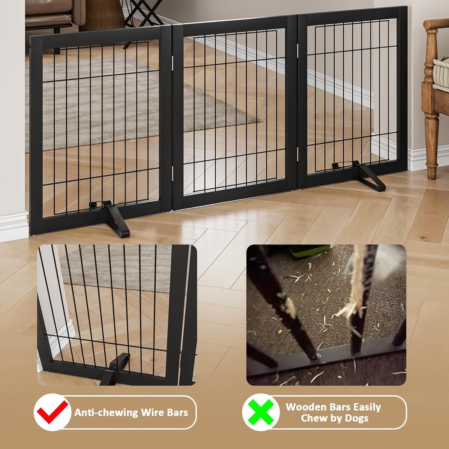 Wire Dog Gate Indoor, Dog Gates for Doorways, Stairs, 24-Inch Tall Freestanding Pet Gates for Dog, Puppy Fence (3 Panel, Black)