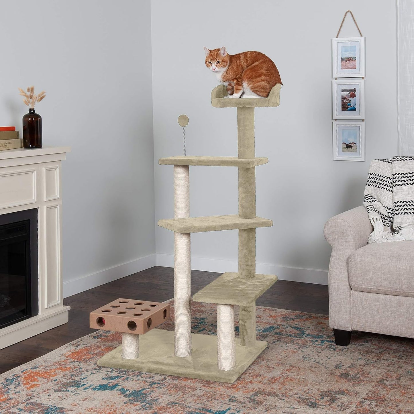 Furhaven 49.5" Tall Cat Tree for Indoor Cats, Ft. Sisal Scratching Posts, Plush Ball Toy, & Busy Box Toy - Tiger Tough Play Stairs Interactive Playground Tower - Cream, One Size