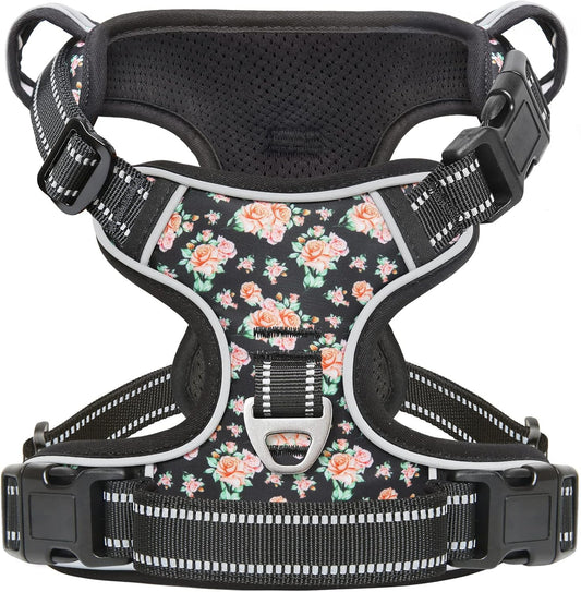 Timos Dog Harness, 3 Snap Buckles No-Pull Soft Padded Dog Vest with 2 Metal Leash Clips,Adjustable Reflective No Choke Pet Harness with Easy Control Handle for Small Dogs,Black Rose,S