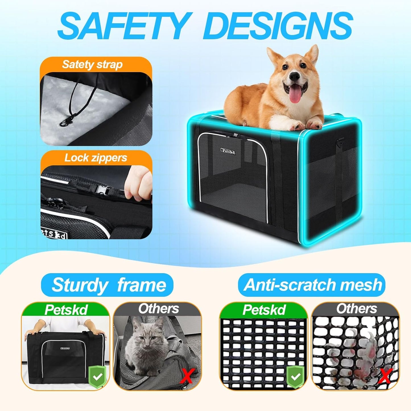 Petskd Extra Large Pet Carrier 24"x17"x17" for Large Cat or Medium Dog, Collapsible Soft Sided Dog cat Carrier for Long Trips with Lockable Safety Zippers(Black)