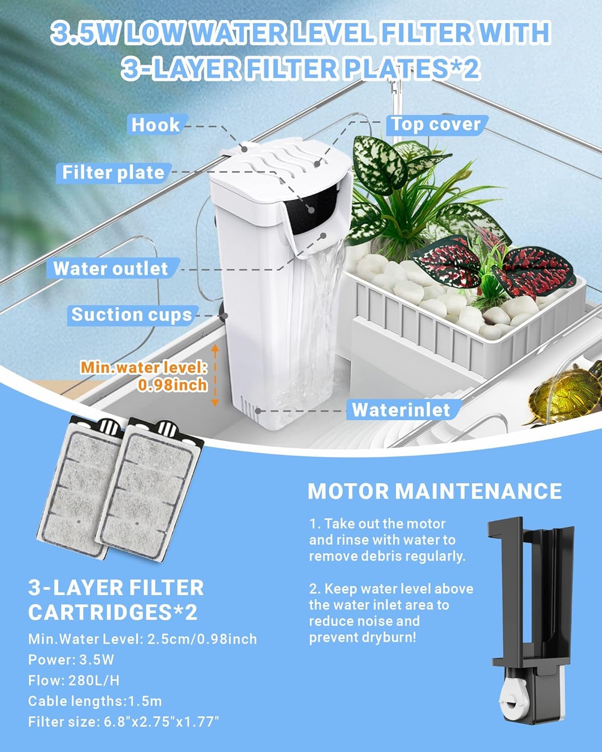 Small Turtle Tank with Filter, Acrylic Turtle Tank Starter Kit, Reptile Habitat and Terrarium with Multi-Functional Areas for Tortoise,Crab,Crayfish,Small Reptile. (Tank+Filter)