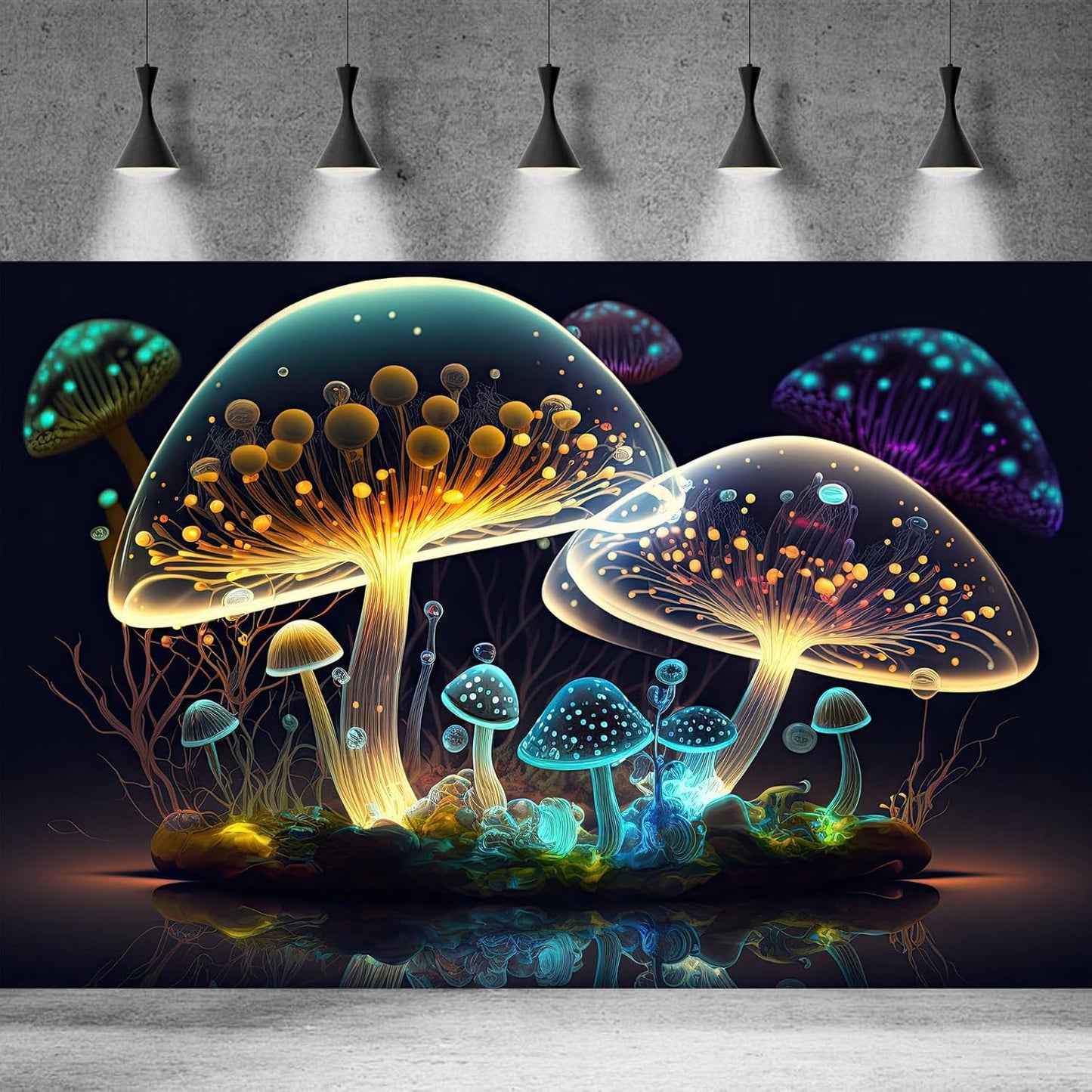 Mushroom Aquarium Background Abstract Glowing Fantasy Mushrooms Terrarium Background Mysterious Forest Magical Night In Circle Shape Crystal Glass Fish Tank Backdrop Decorations Vinyl 36x18in