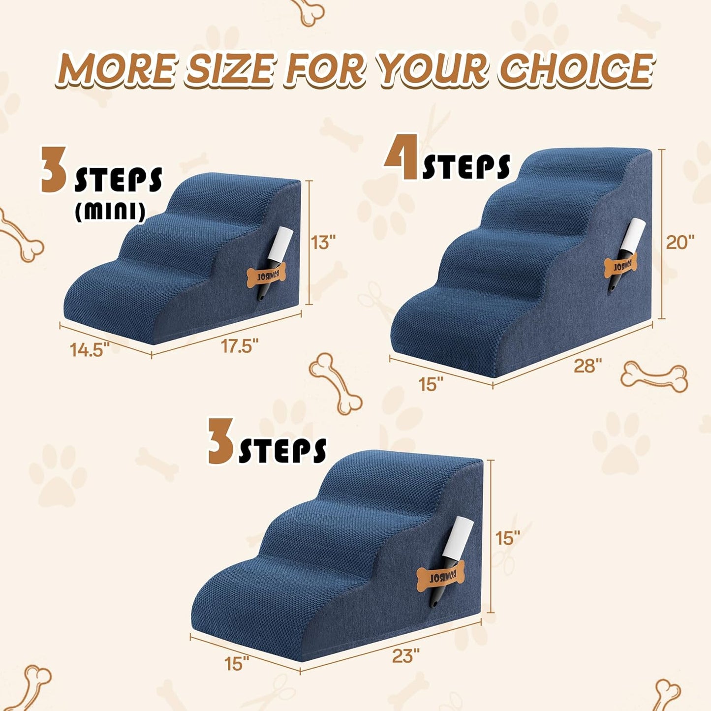 Romrol Dog Stairs Ramp for Beds Couches, Extra Wide Pet Steps with Durable Non-Slip Waterproof Fabric Cover, Dog Slope Stairs for Small Dogs and Cats or Pets Friendly, 3-Tiers, 13 Inch,Dusty Blue