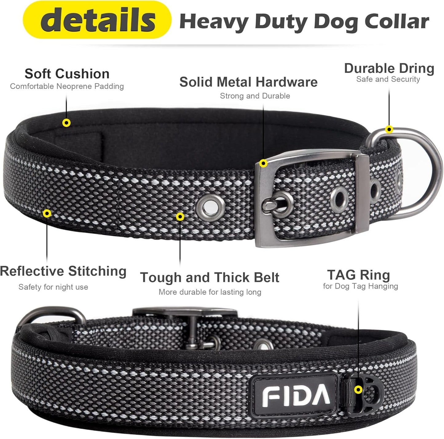 Fida Heavy Duty Dog Collar, Ultra Comfortable Soft Neoprene Padded, Adjustable Reflective Nylon Pet Collar with Durable Metal Belt Buckle for Medium Breeds (M, Black)