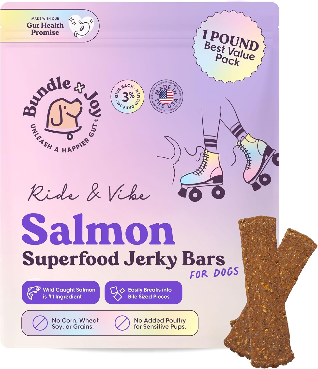 Bundle x Joy Ride & Vibe Dog Treats Salmon Jerky Snack Bars, 16 oz Bag, Puppy Training Treats, Natural Superfood Grain Free, Wild Caught Salmon, Superfoods, Corn, Poultry & Soy Free